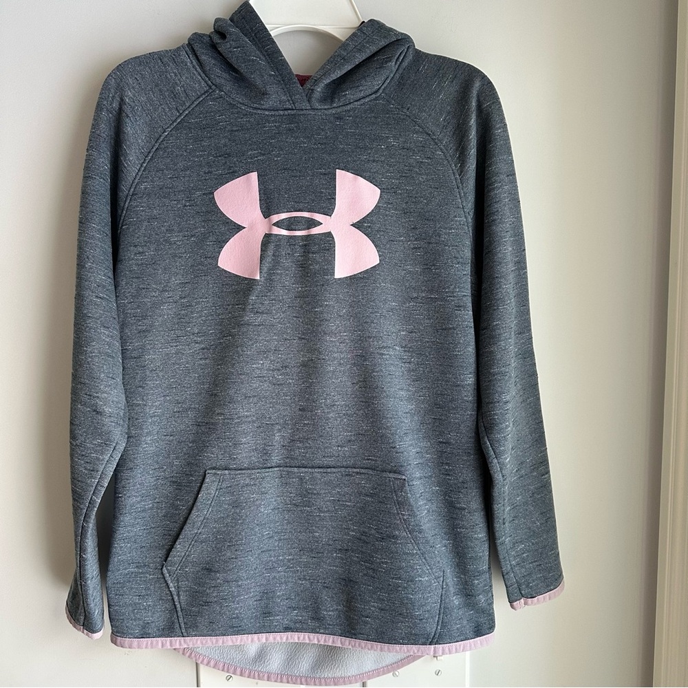Under Armour Kids Hoodie Sweatshirt Size L Gray with pink logo